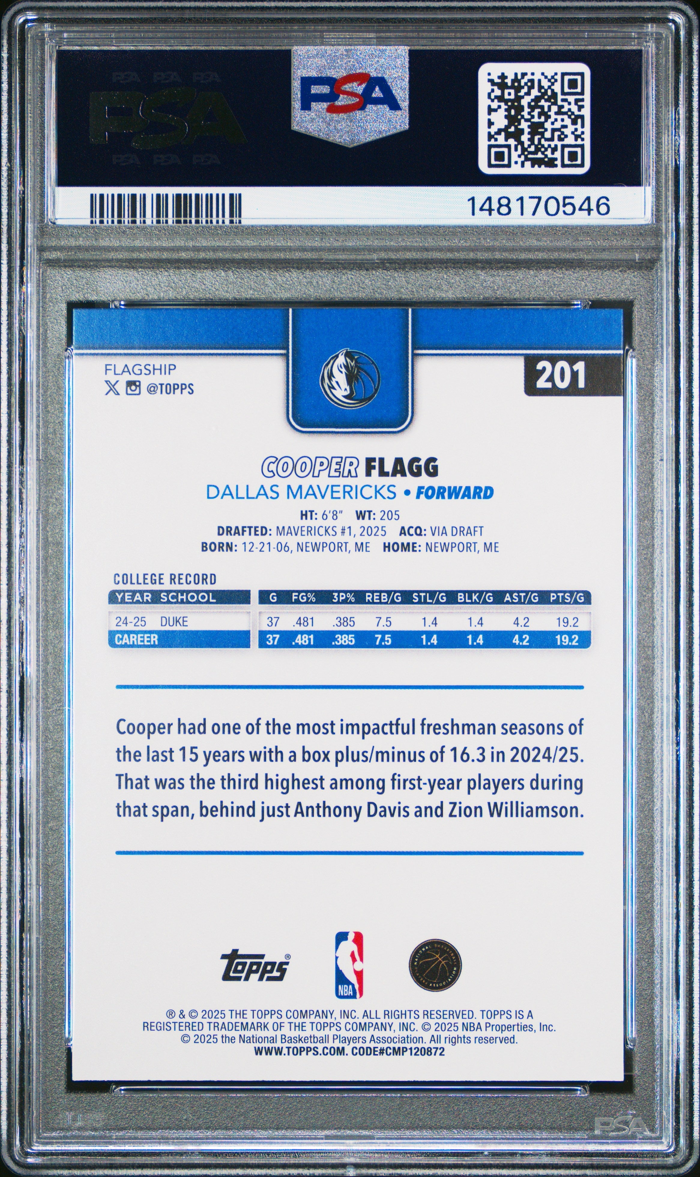 Graded 2025 Topps Cooper Flagg #201 Rookie RC Basketball Card PSA 10 Gem Mint