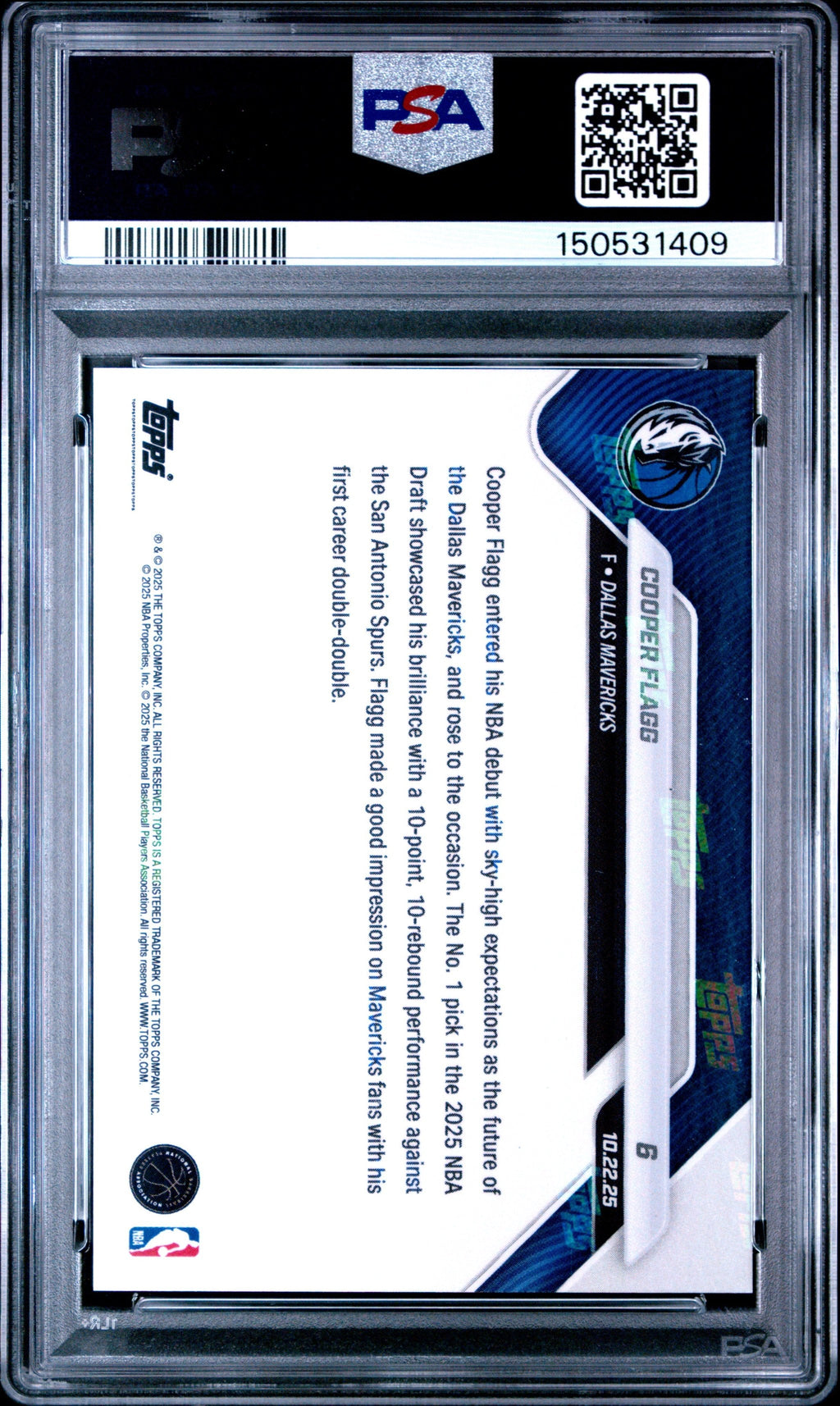 Graded 2025 Topps Now Cooper Flagg #6 Rookie RC Basketball Card PSA 10 Gem Mint