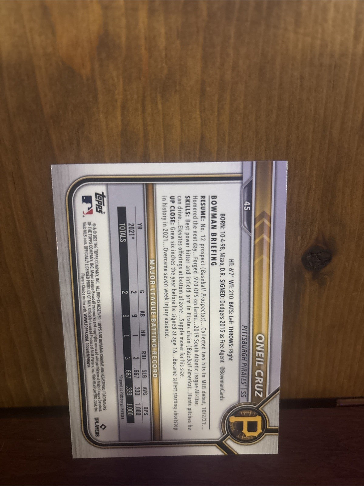2022 Bowman Chrome - Oneil Cruz #45 (RC)