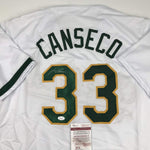 Autographed/Signed Jose Canseco Oakland White Baseball Jersey JSA COA