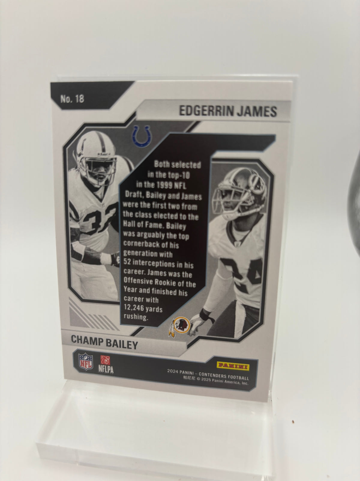 Panini 2024 Contenders Football - Draft Class Edgerrin James Champ Bailey #18 - back view